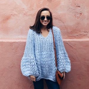 Blue Balloon Sleeve Knitted Sweater